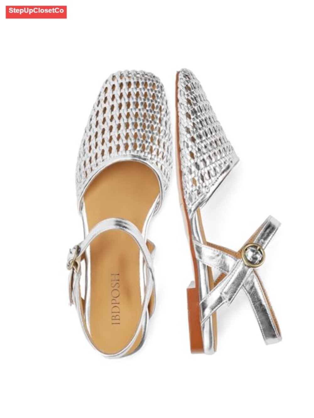 Woven Slingback Flats Square Toe Ankle Strap Faux Leather